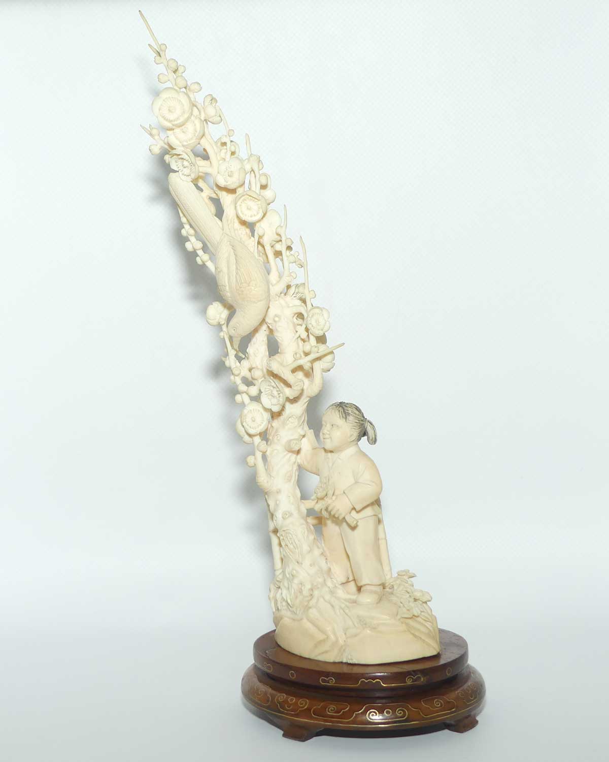 Carved Ivory figure of Girl picking Cherry Blossoms | Pheasant in Tree | Tall and Elaborate