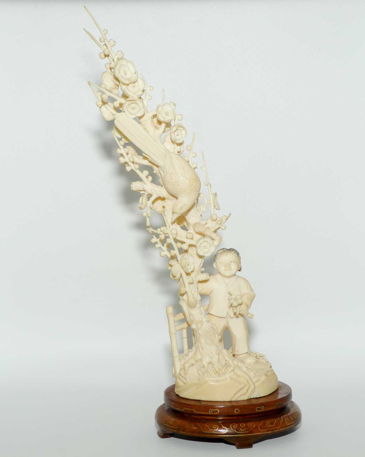 Carved Ivory figure of Girl picking Cherry Blossoms | Pheasant in Tree | Tall and Elaborate