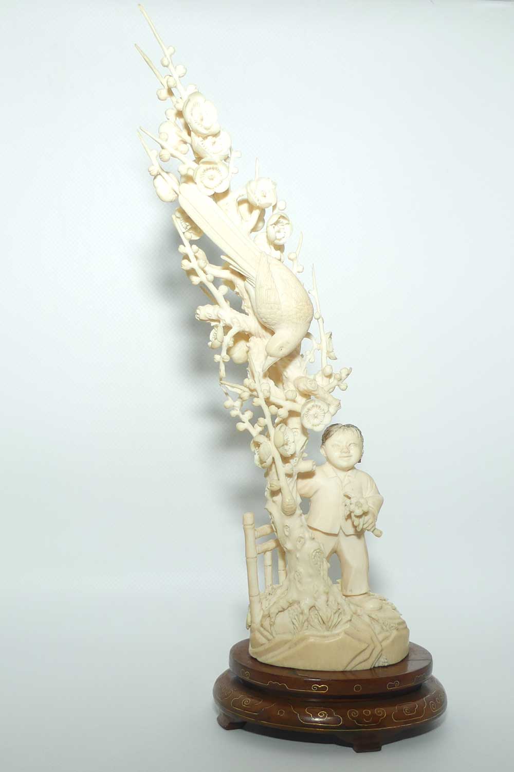 Carved Ivory figure of Girl picking Cherry Blossoms | Pheasant in Tree | Tall and Elaborate