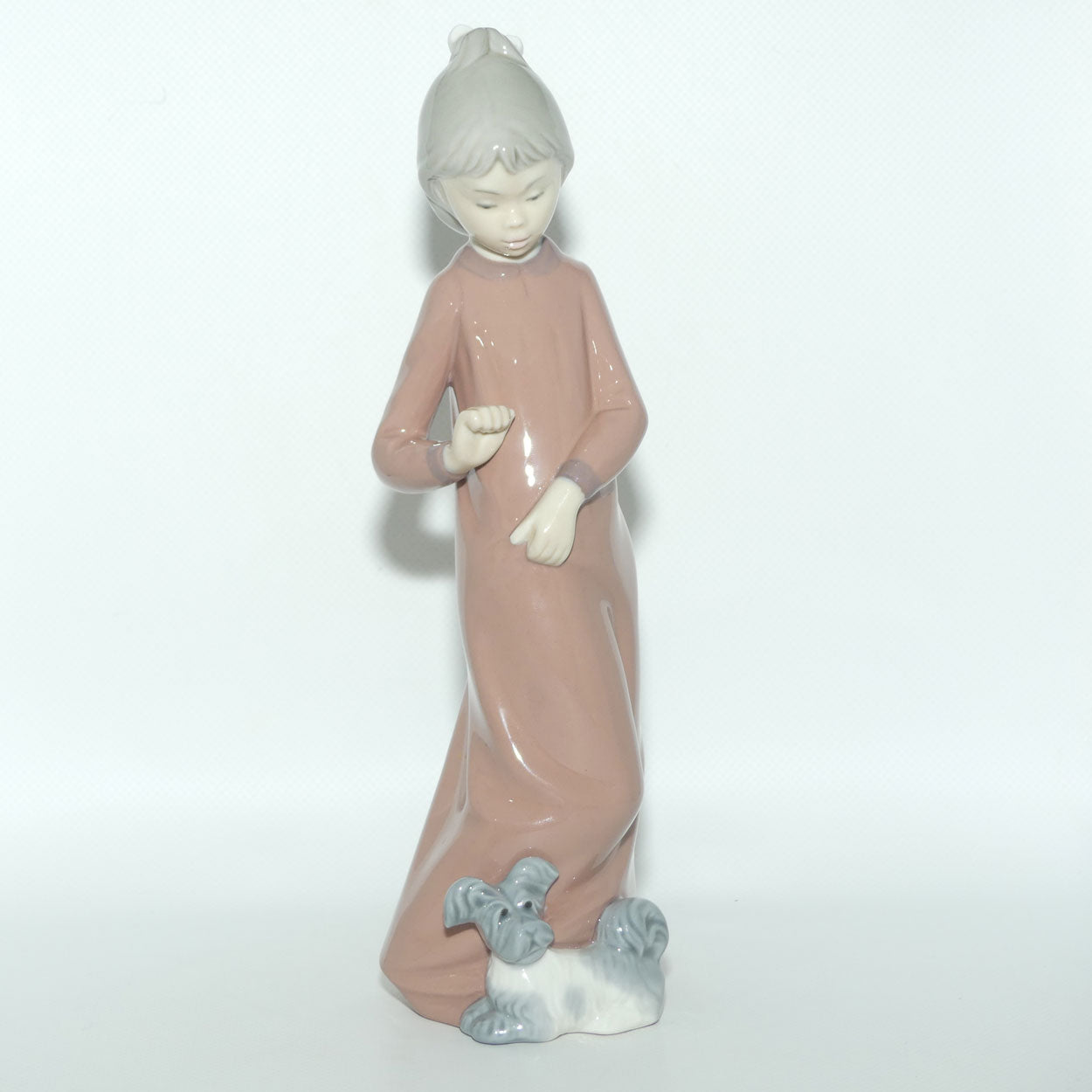 Nao by Lladro figure Girl in Pink Night Dress | Dog at Feet