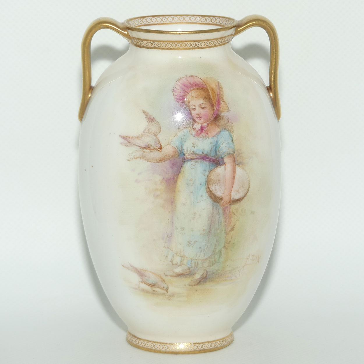 Royal Doulton hand painted twin handle vase | Victorian Girl with Bird | signed A Dix