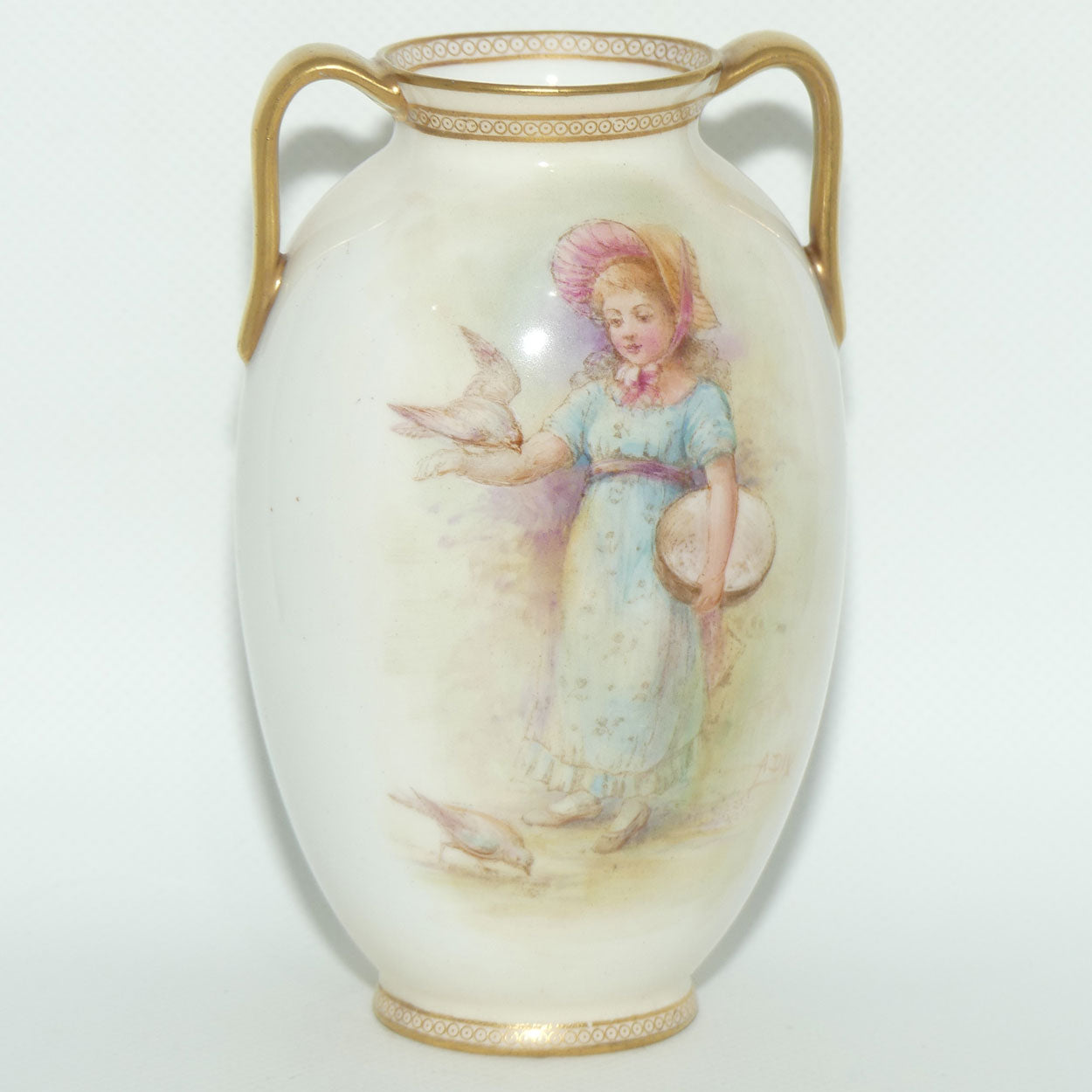 Royal Doulton hand painted twin handle vase | Victorian Girl with Bird | signed A Dix