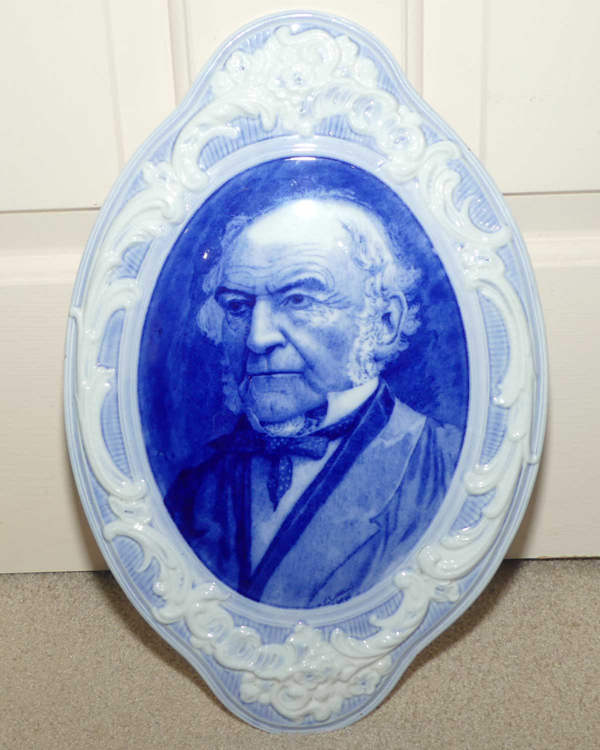 Burgess and Leigh Kents Leadless Glaze Blue and White plaque depicting William Ewart Gladstone