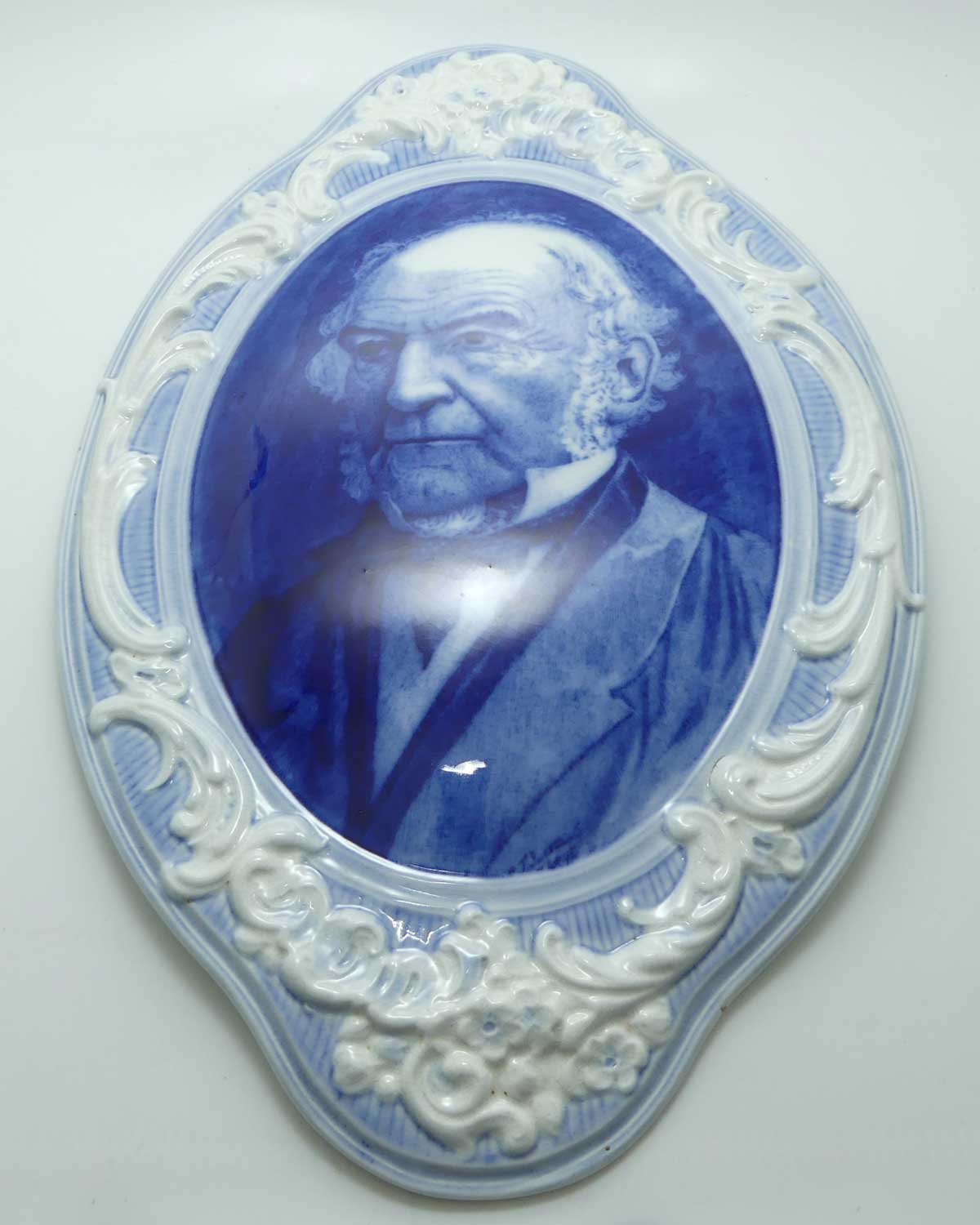 Burgess and Leigh Kents Leadless Glaze Blue and White plaque depicting William Ewart Gladstone