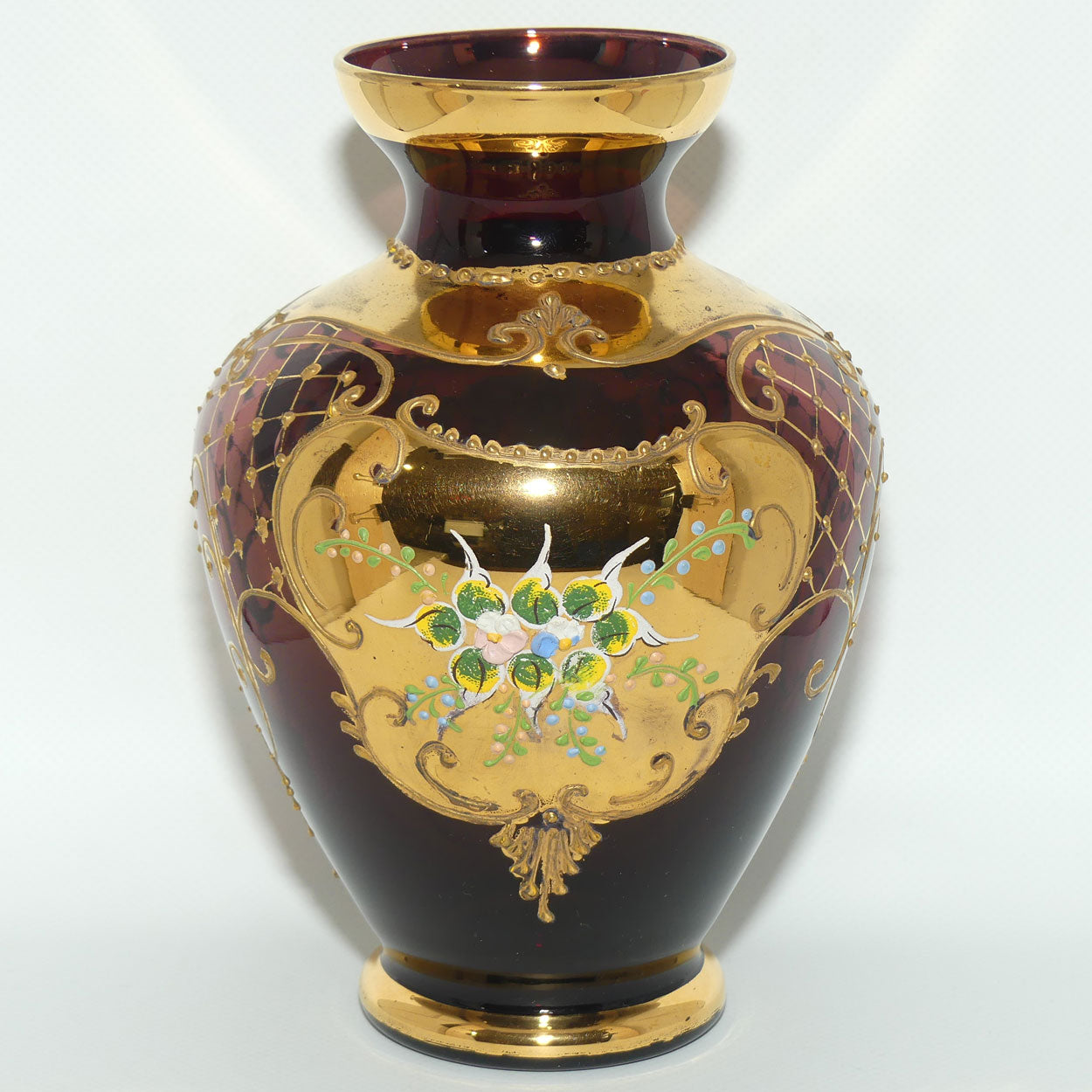 Venetian Glass Amethyst and Gilt with applied enamel flowers vase