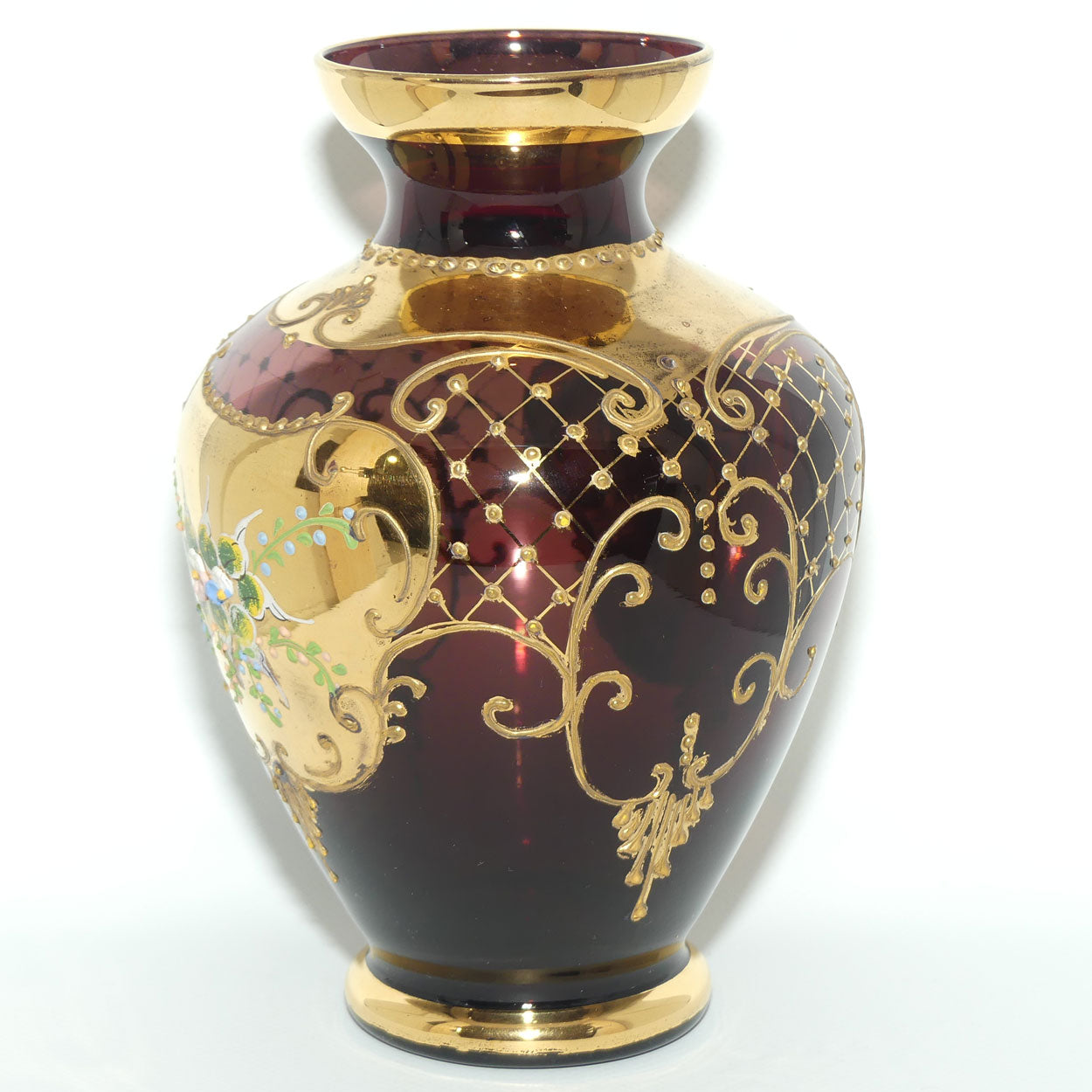 Venetian Glass Amethyst and Gilt with applied enamel flowers vase