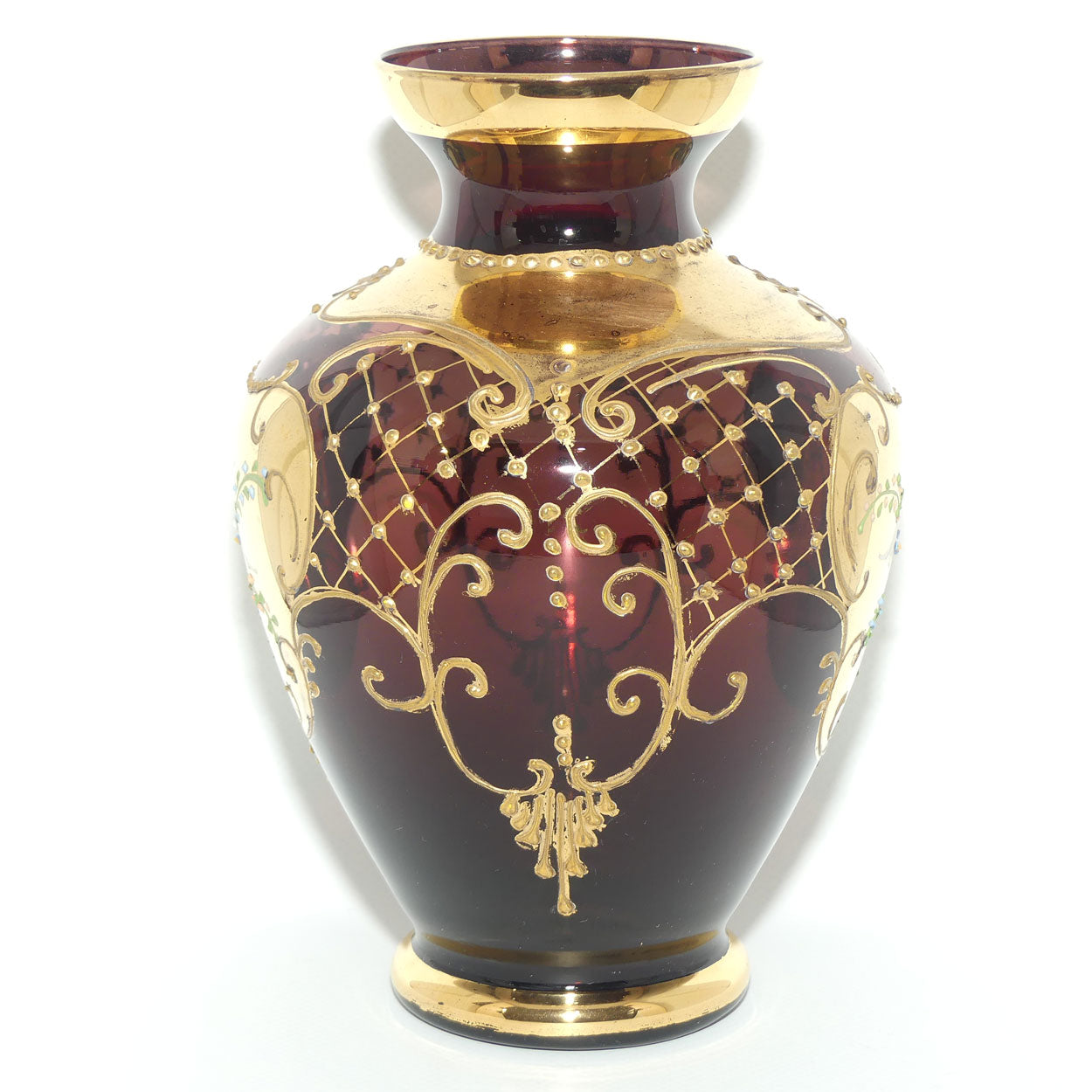 Venetian Glass Amethyst and Gilt with applied enamel flowers vase