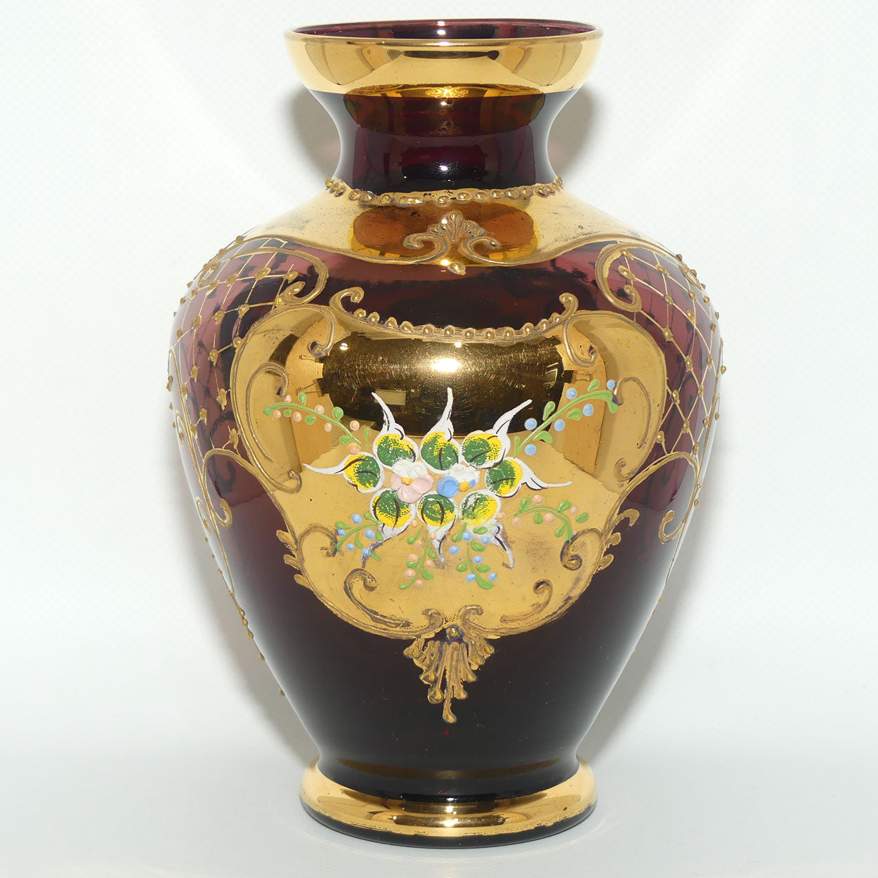 Venetian Glass Amethyst and Gilt with applied enamel flowers vase