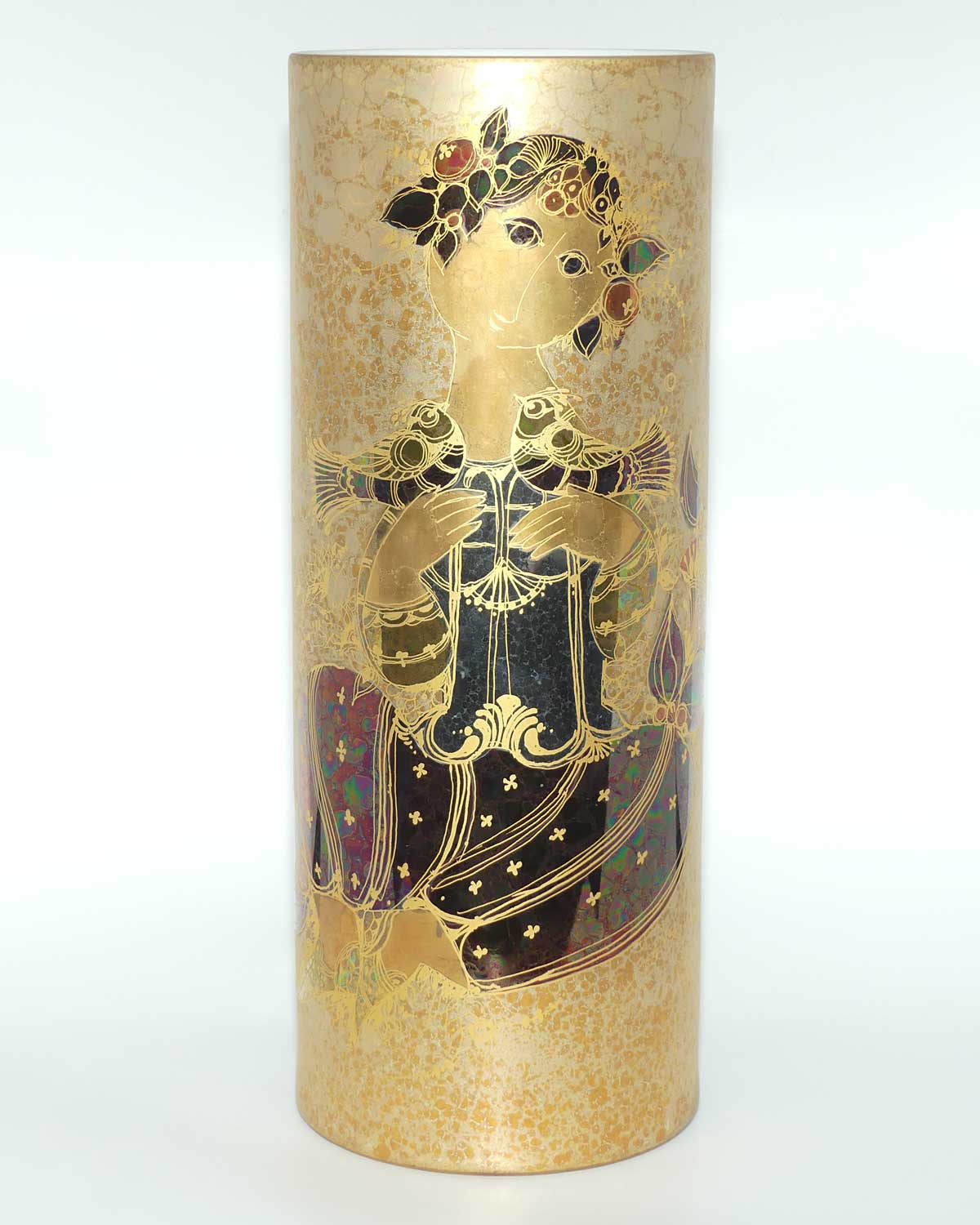 Rosenthal Studio Line Bjorn Wiinblad Scheherazade with birds heavily gilt very tall cylindrical vase