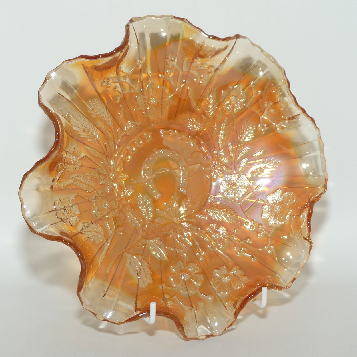 Fenton Marigold Carnival Glass fluted edge bowl | Horseshoe | GOOD LUCK