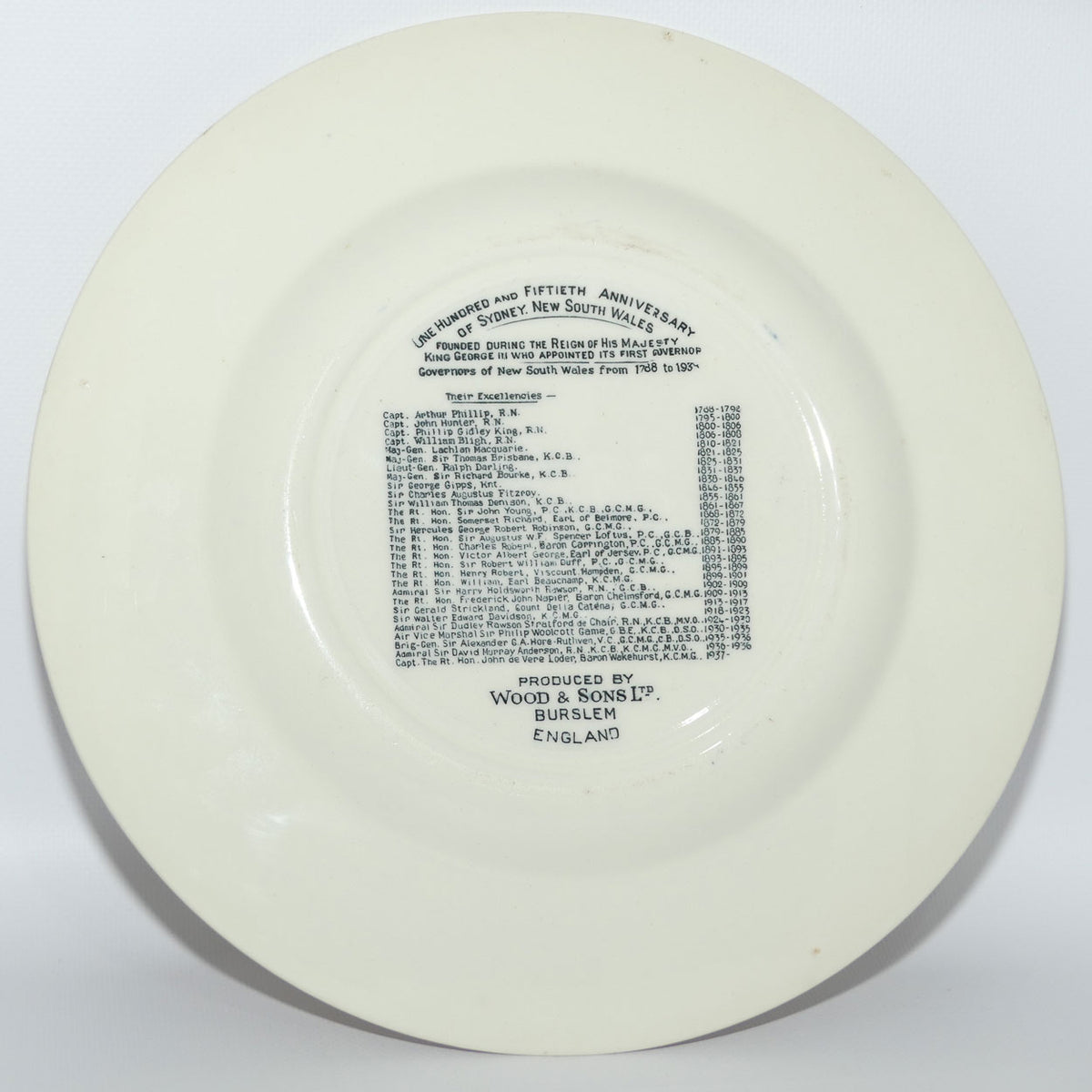 Woods & Sons | Sesqui Centenary of New South Wales plate | Depicts Governors from 1788 - 1938 | 150 Years of Progress