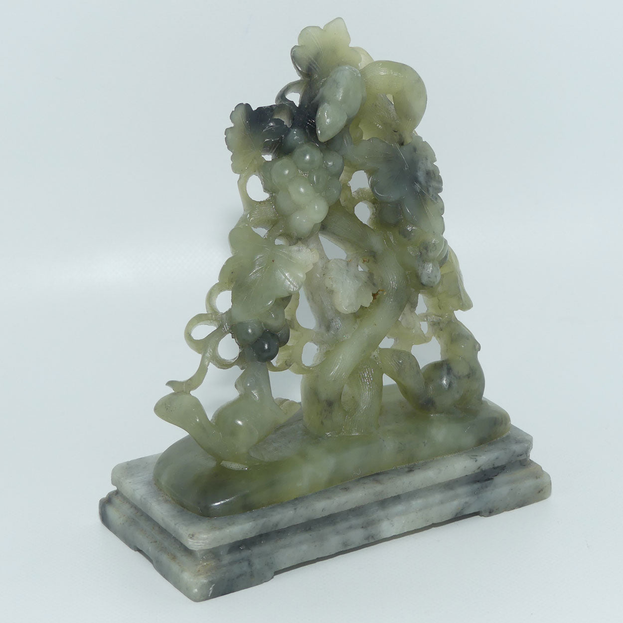Mid 20th Century Chinese Nephrite Green Jade Grape and Vine on Soapstone base