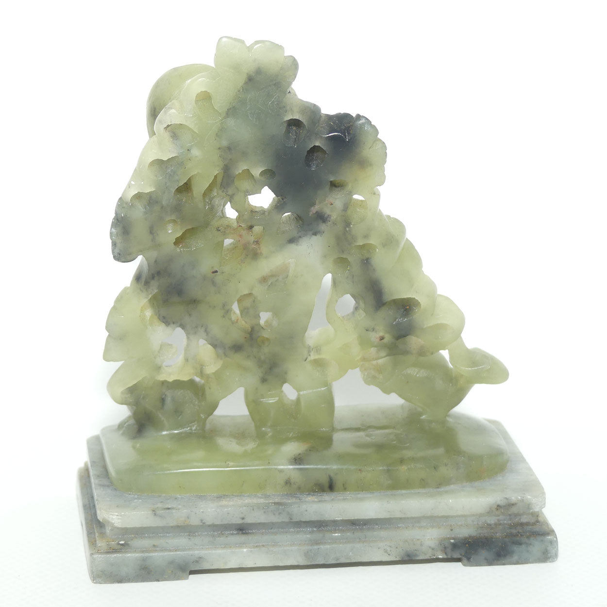 Mid 20th Century Chinese Nephrite Green Jade Grape and Vine on Soapstone base