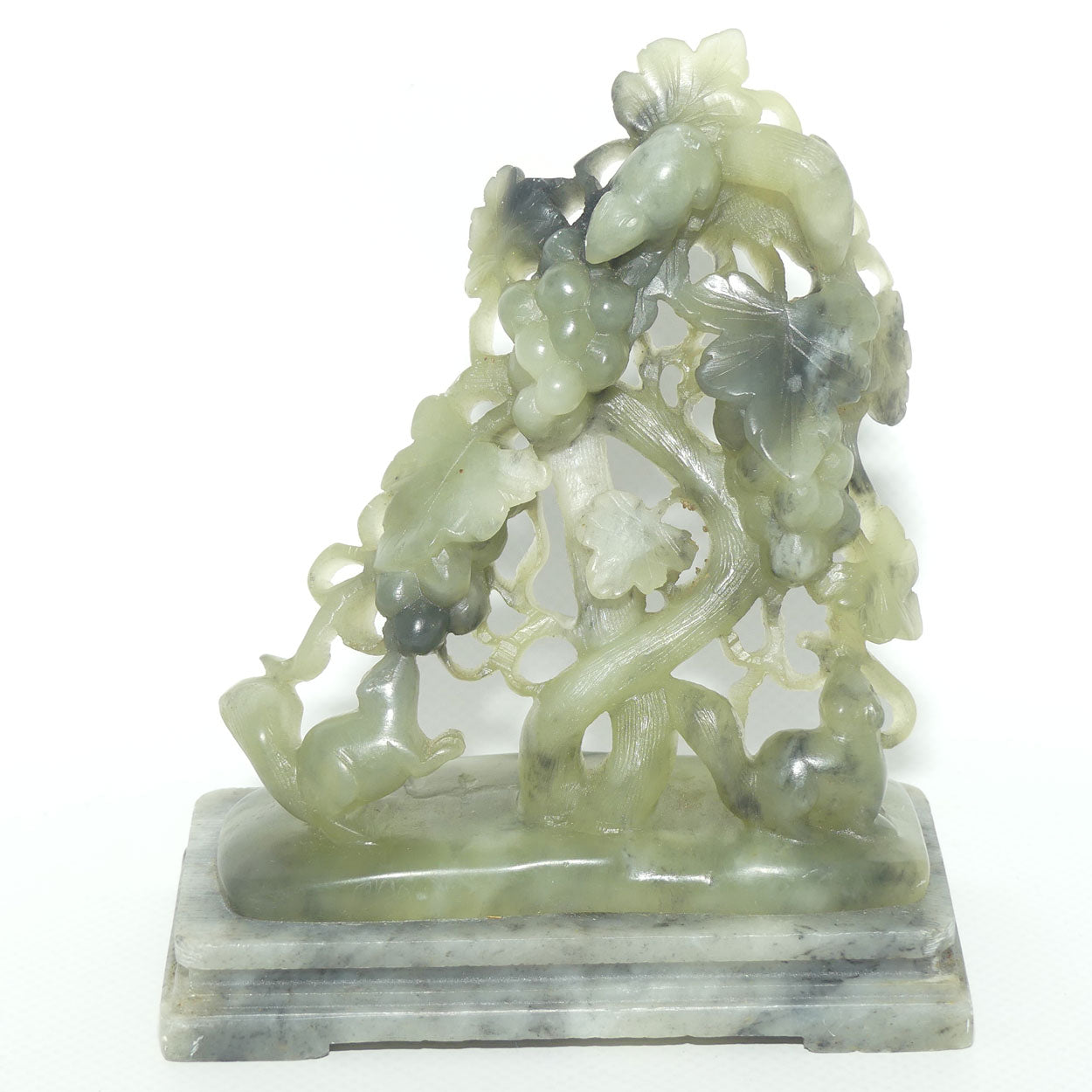 Mid 20th Century Chinese Nephrite Green Jade Grape and Vine on Soapstone base