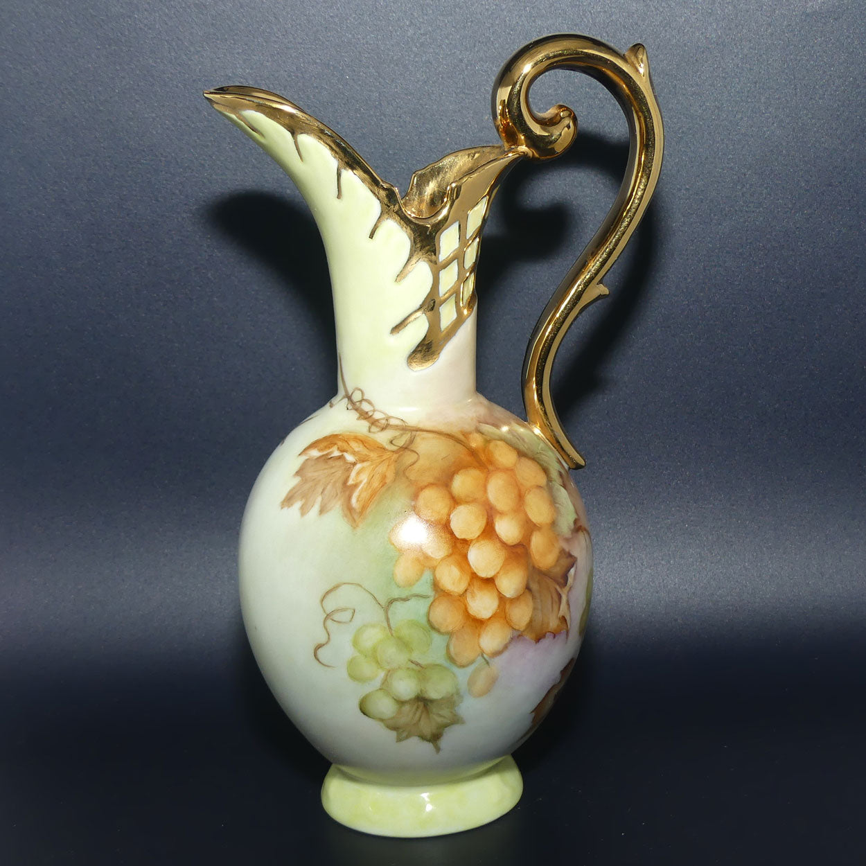 Australian China Painting ewer with Grape and Vine design and high gilt handle | J Butcher 1977
