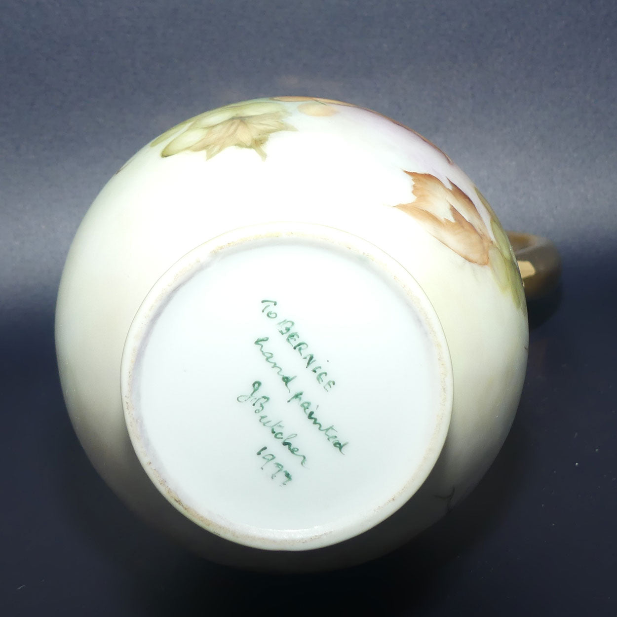 Australian China Painting ewer with Grape and Vine design and high gilt handle | J Butcher 1977