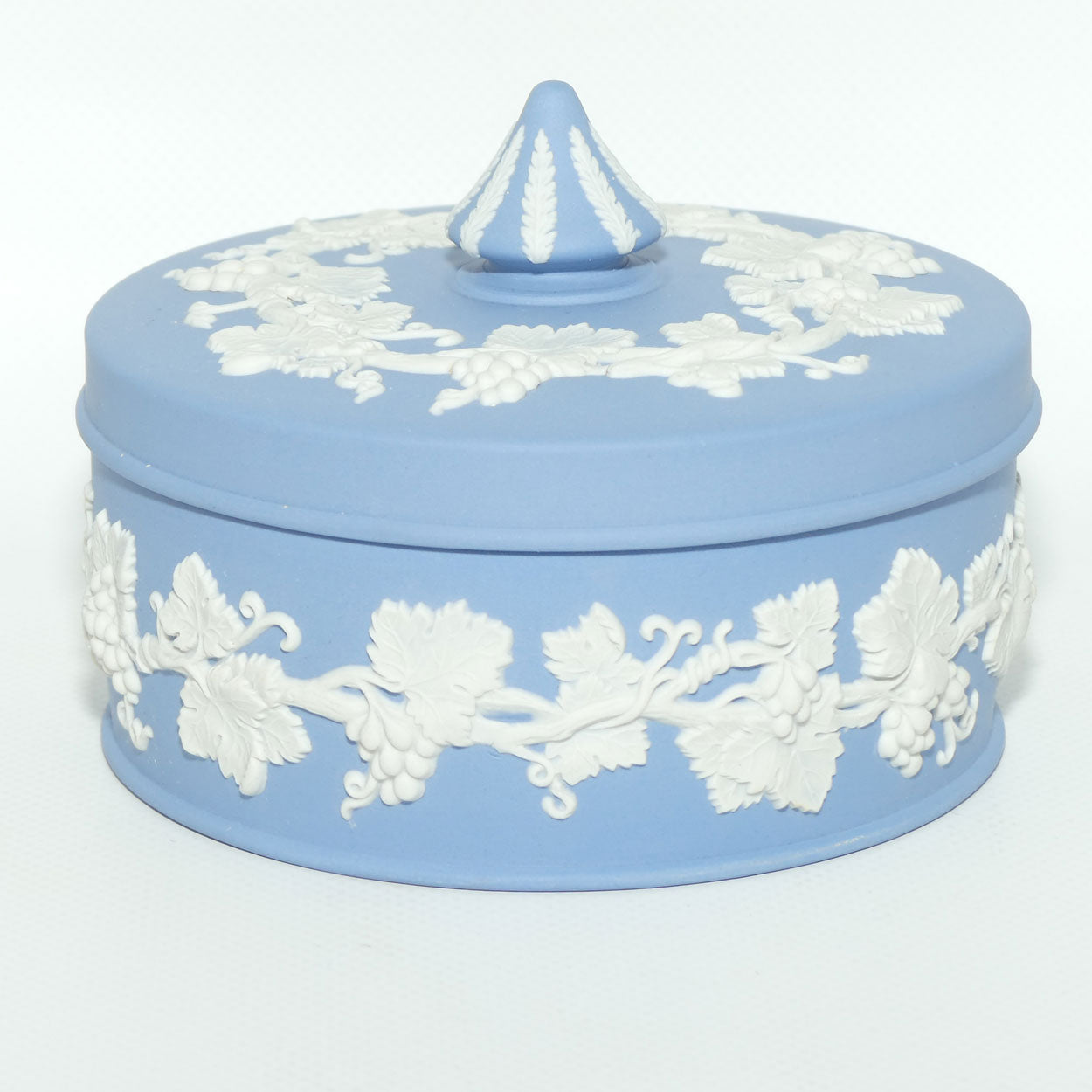 Wedgwood Jasper | White on Pale Blue Grape and Vine pattern powder bowl | #2