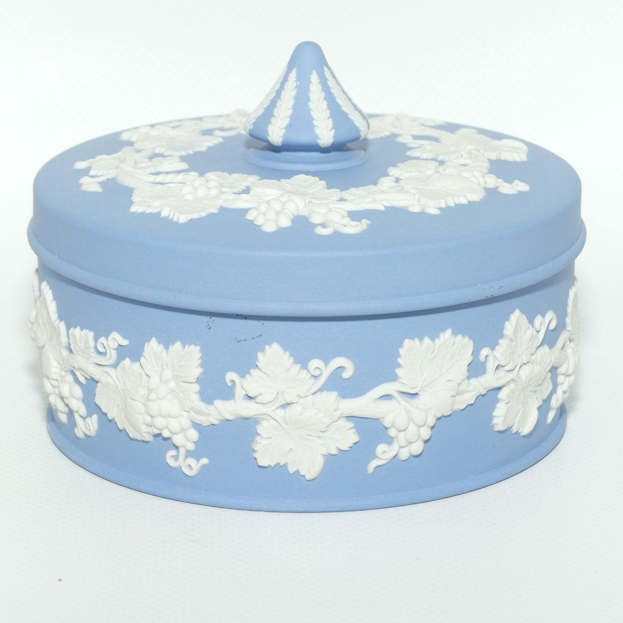 Wedgwood Jasper | White on Pale Blue Grape and Vine pattern powder bowl | #2
