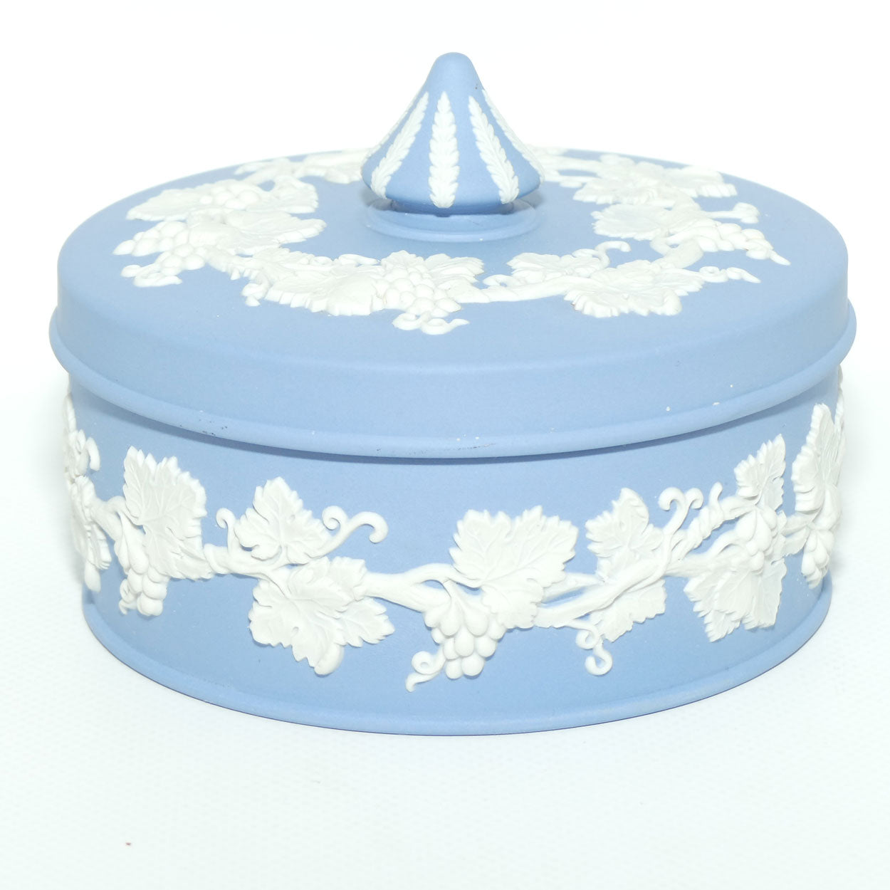 Wedgwood Jasper | White on Pale Blue Grape and Vine pattern powder bowl | #2