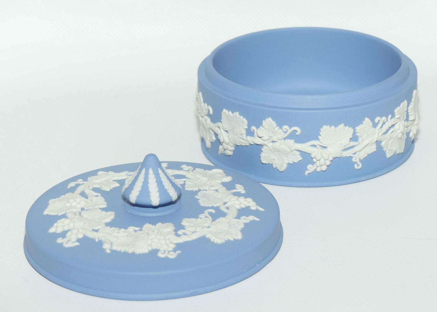 Wedgwood Jasper | White on Pale Blue Grape and Vine pattern powder bowl | #2