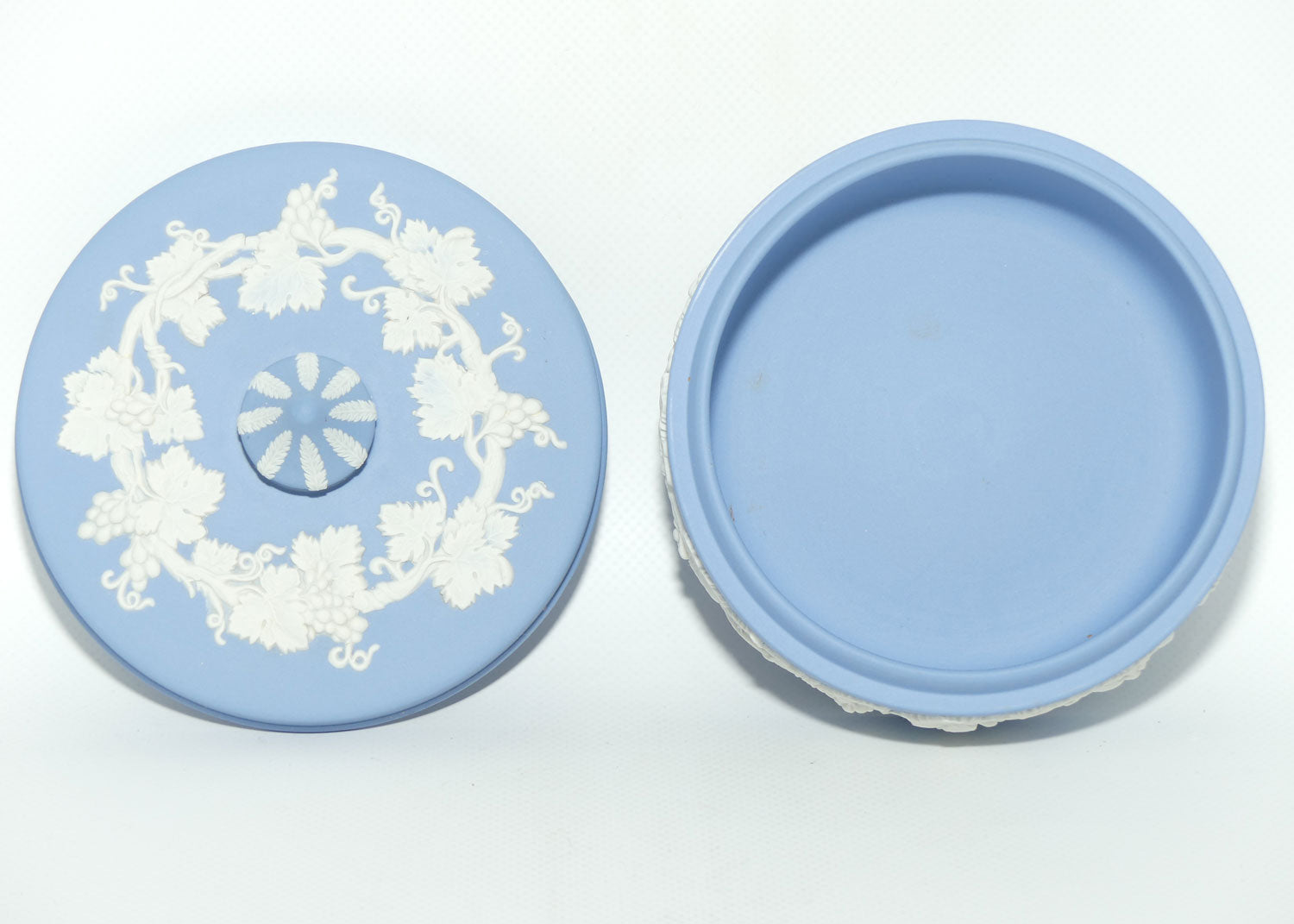 Wedgwood Jasper | White on Pale Blue Grape and Vine pattern powder bowl | #2