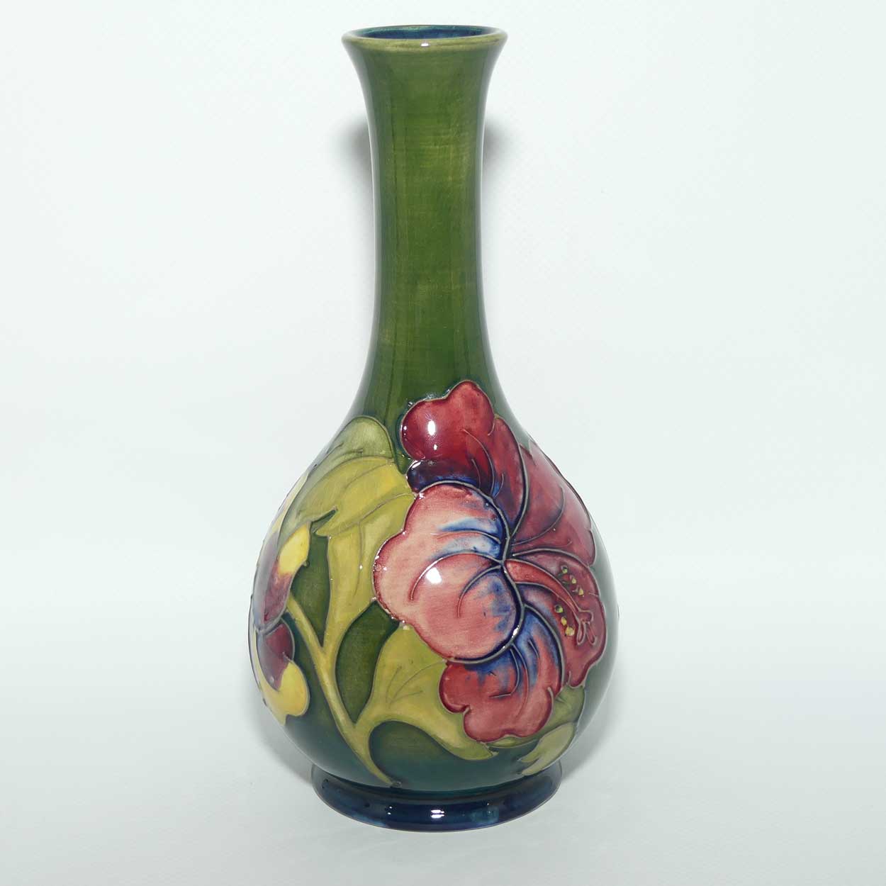 Walter Moorcroft Hibiscus | Olive Green ground slender neck vase | Paper Label intact