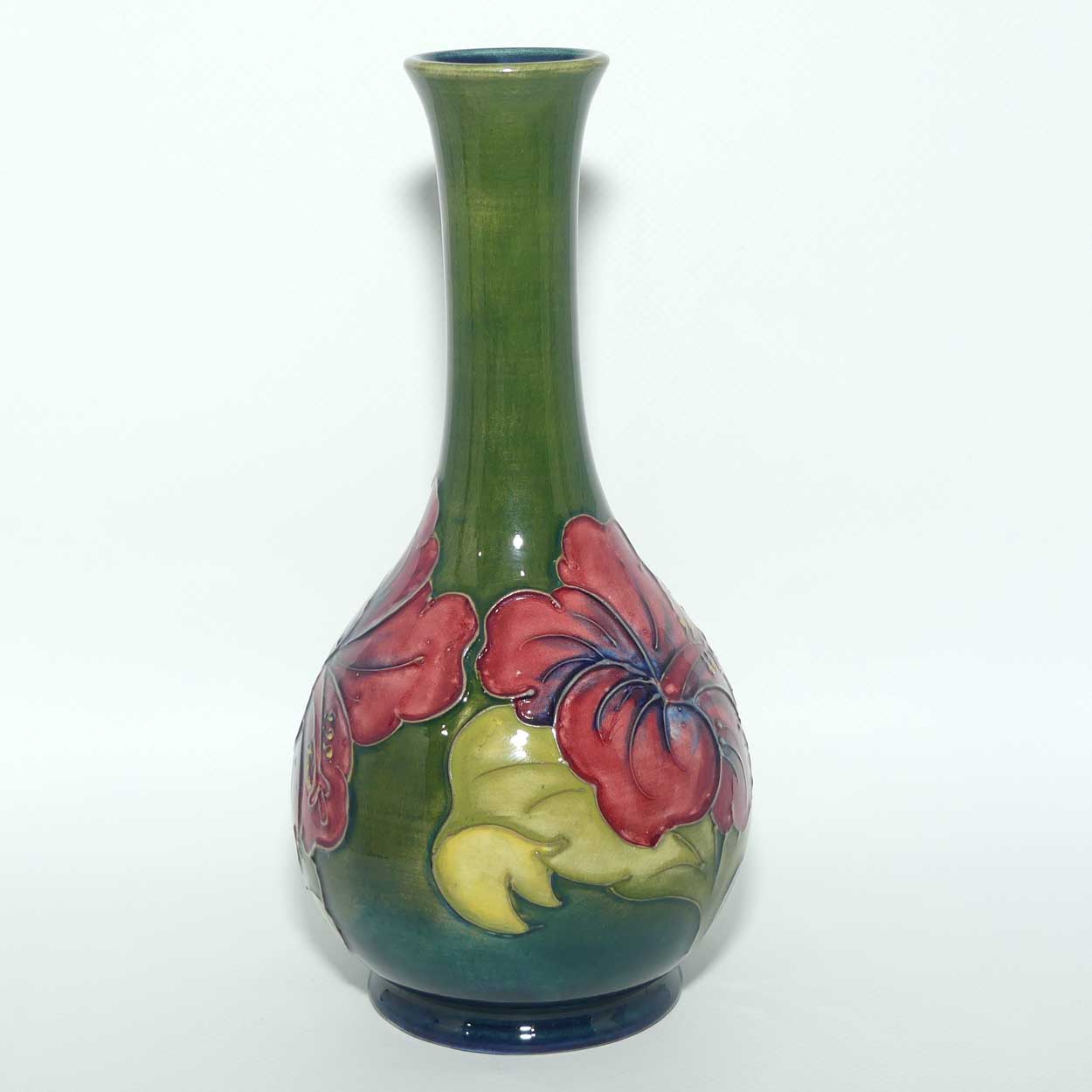 Walter Moorcroft Hibiscus | Olive Green ground slender neck vase | Paper Label intact