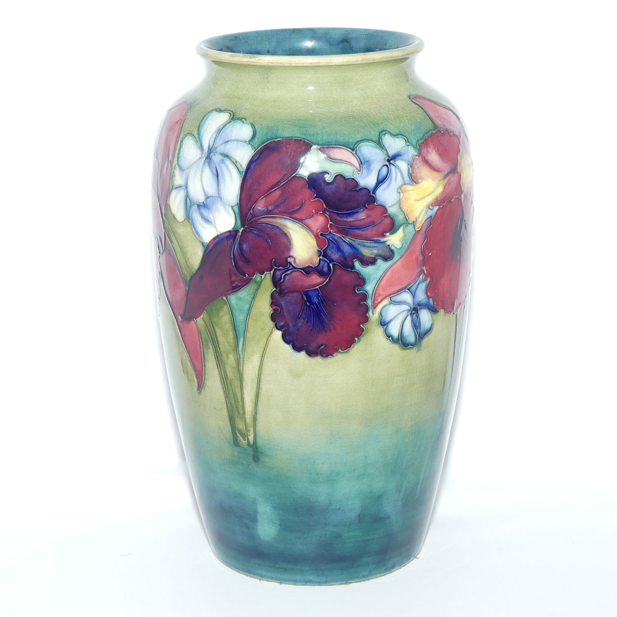 Walter Moorcroft Orchid on Light Green transition to Blue Ground vase | 31.5cms tall
