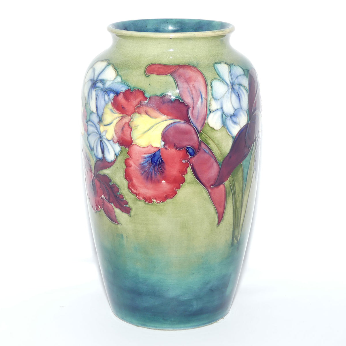 Walter Moorcroft Orchid on Light Green transition to Blue Ground vase | 31.5cms tall