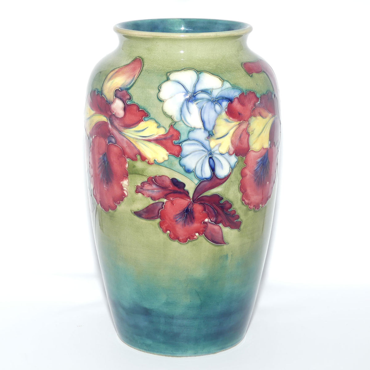 Walter Moorcroft Orchid on Light Green transition to Blue Ground vase | 31.5cms tall