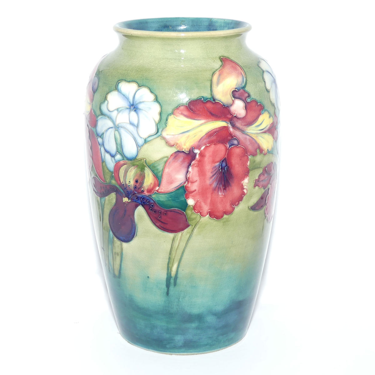 Walter Moorcroft Orchid on Light Green transition to Blue Ground vase | 31.5cms tall