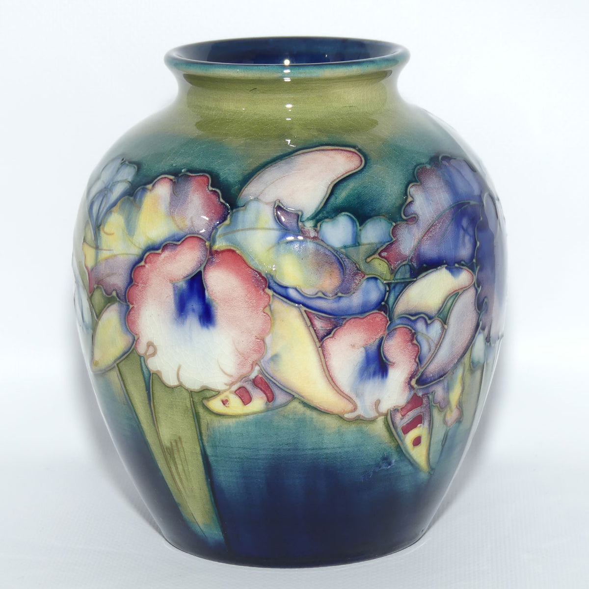 Walter Moorcroft Orchid on Light Green transition to Blue Ground ovoid shape vase