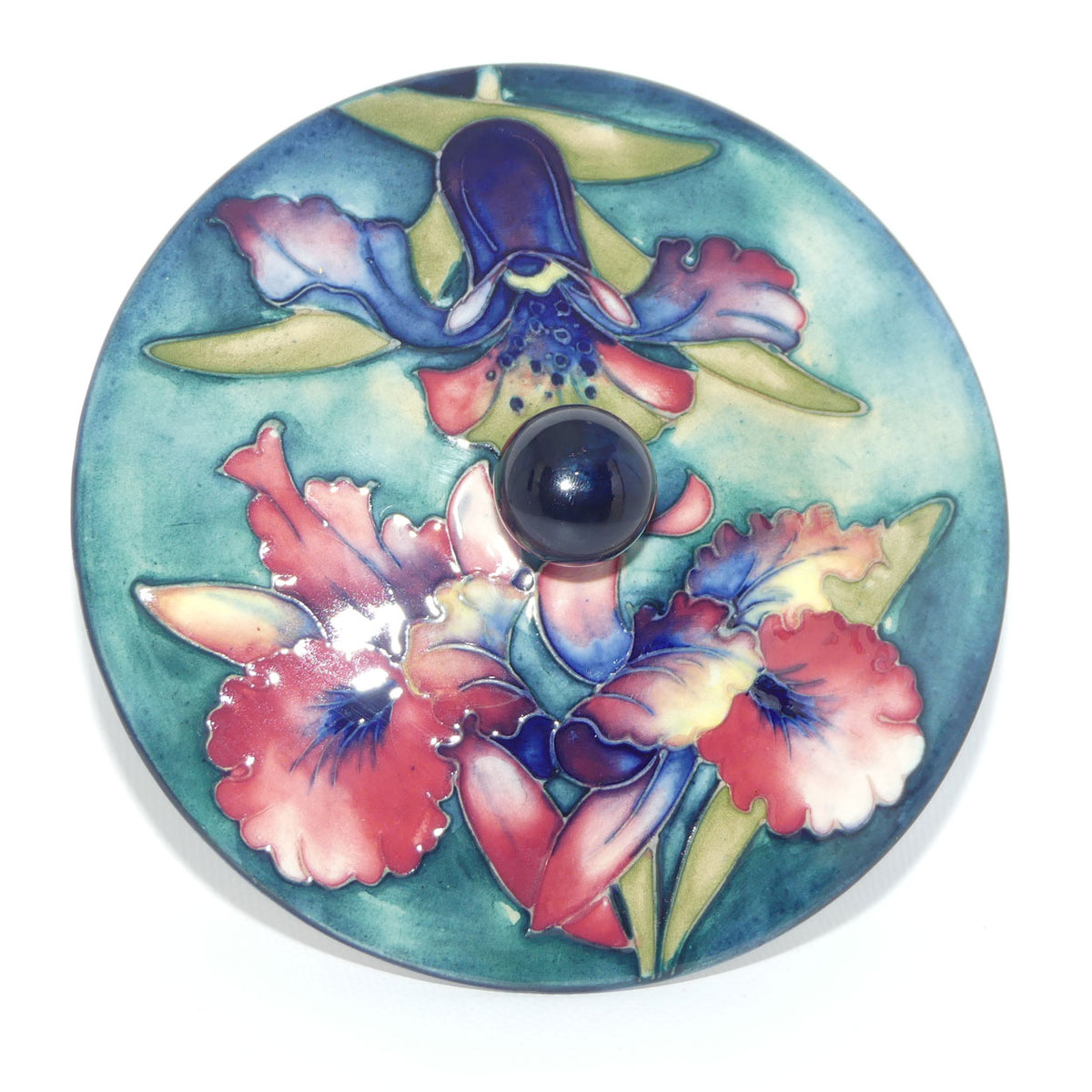 Walter Moorcroft Orchid on Light Green transition to Blue Ground powder bowl