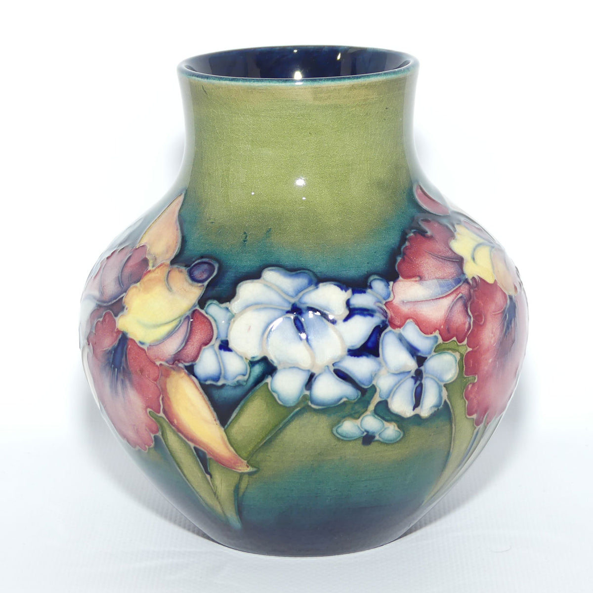 Walter Moorcroft Orchid on Light Green transition to Blue Ground vase | Squat Ovoid shape