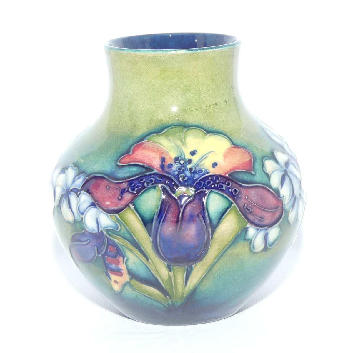 Walter Moorcroft Orchid on Light Green transition to Blue Ground vase | Squat Ovoid shape