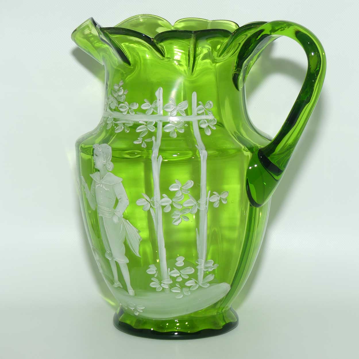 Green Mary Gregory glass jug Boy in Floral Bower