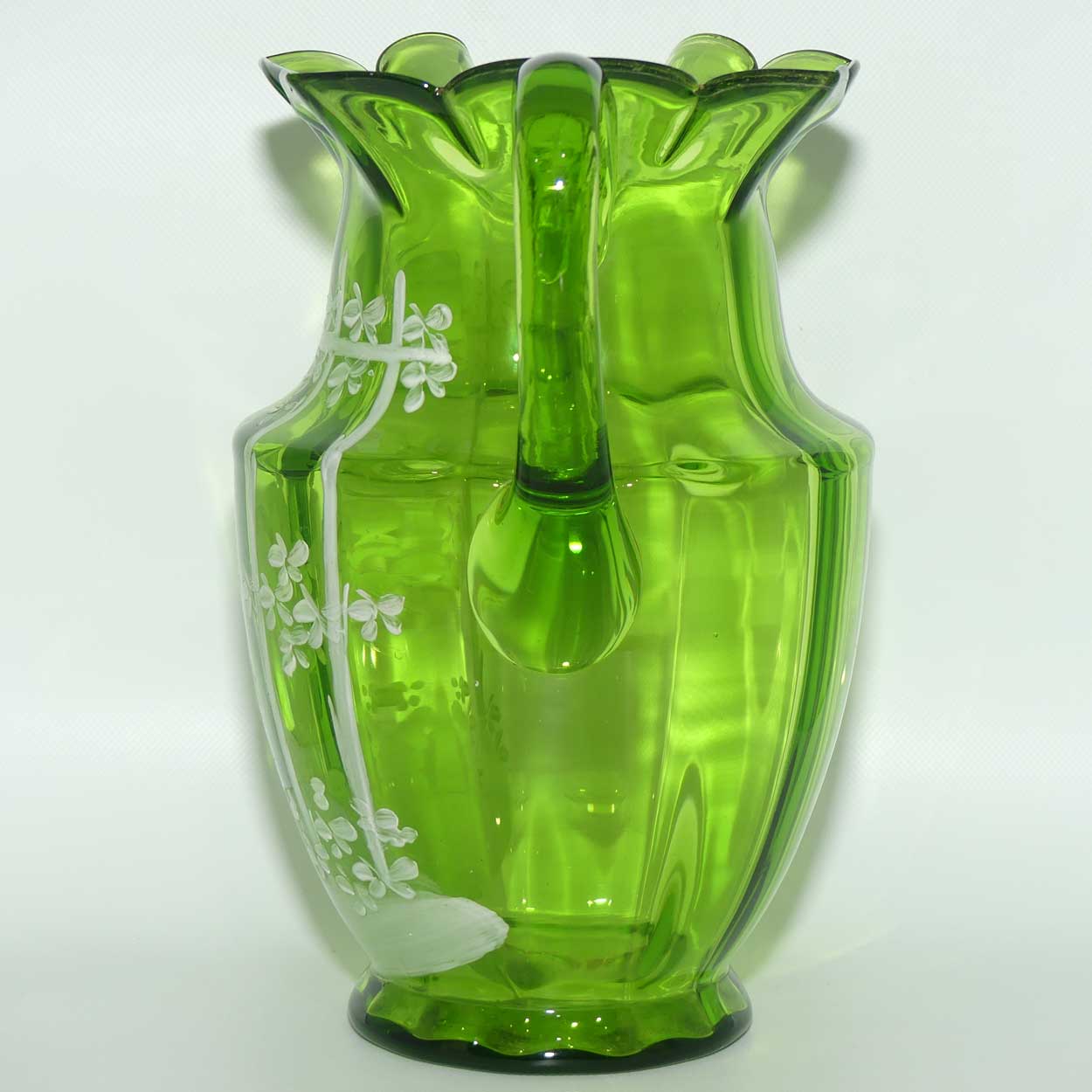 Green Mary Gregory glass jug Boy in Floral Bower