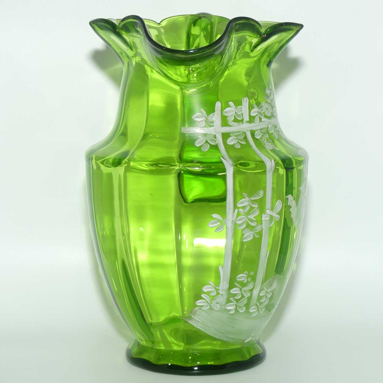 Green Mary Gregory glass jug Boy in Floral Bower