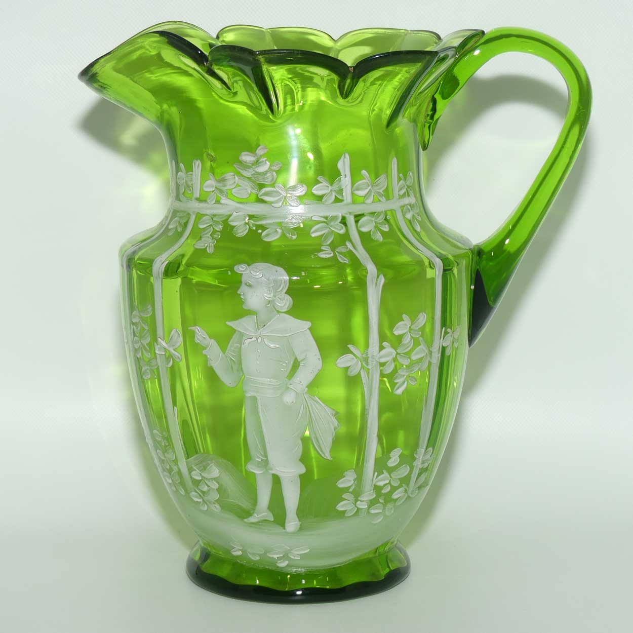 Green Mary Gregory glass jug Boy in Floral Bower