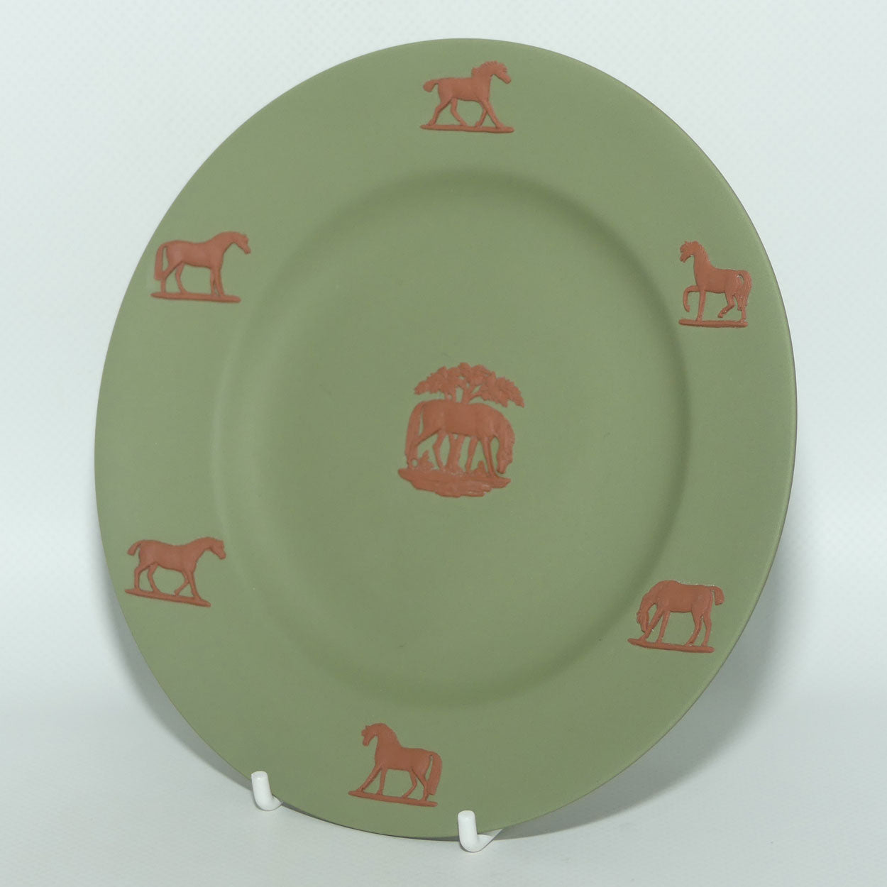 Wedgwood Jasper plate | Brown on Sage Green | Stubbs Horses | 17cm diam | boxed