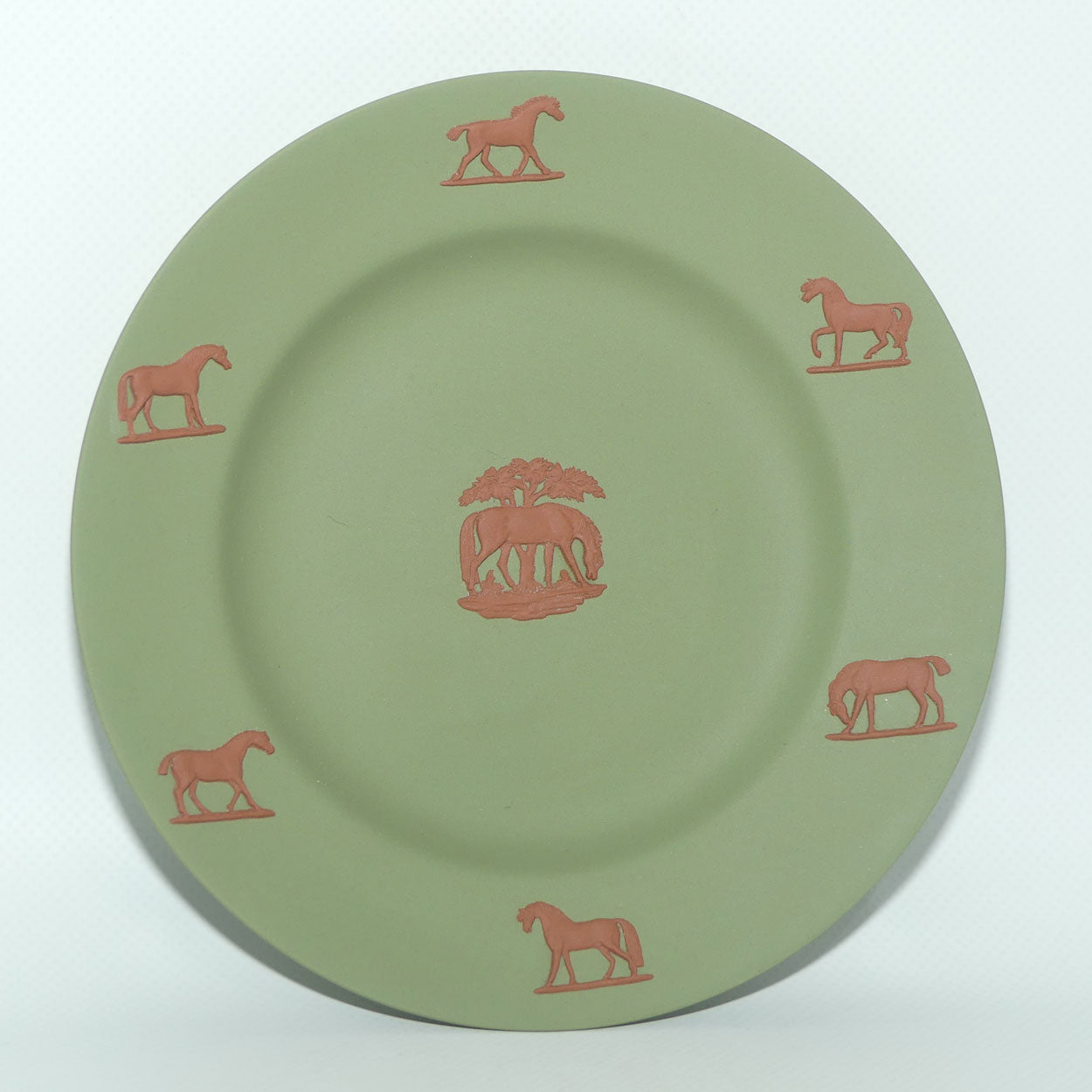 Wedgwood Jasper plate | Brown on Sage Green | Stubbs Horses | 17cm diam | boxed