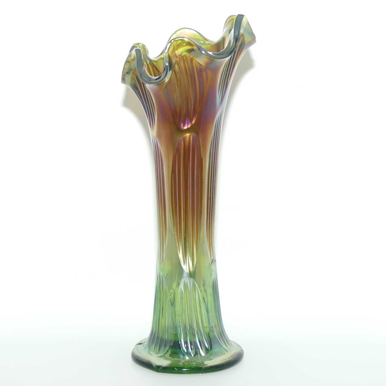 Fenton Diamond and Rib Marigold on Green Carnival Glass vase | 26cm
