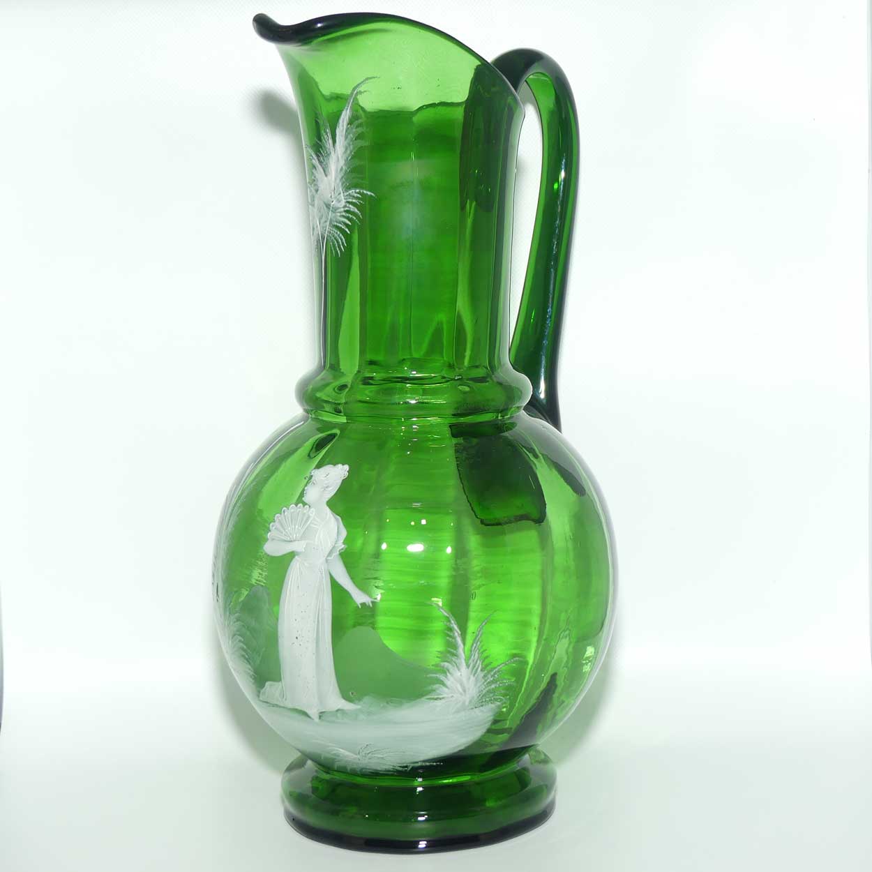 Green Mary Gregory tall bulbous jug depicting a young woman with fan