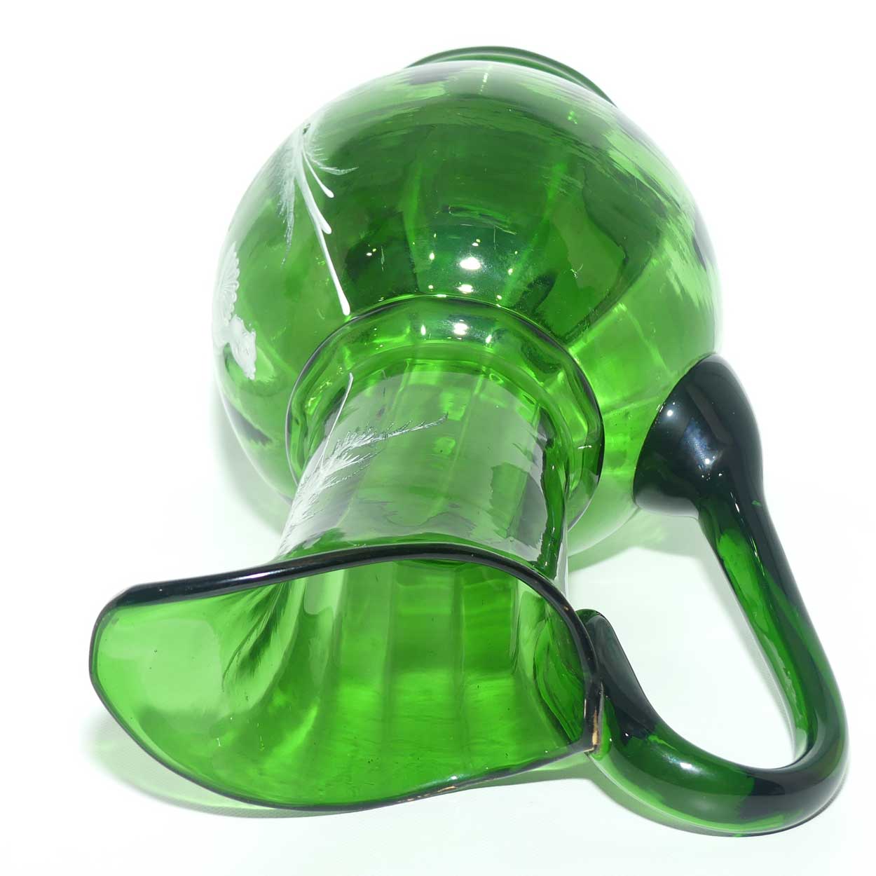 Green Mary Gregory tall bulbous jug depicting a young woman with fan