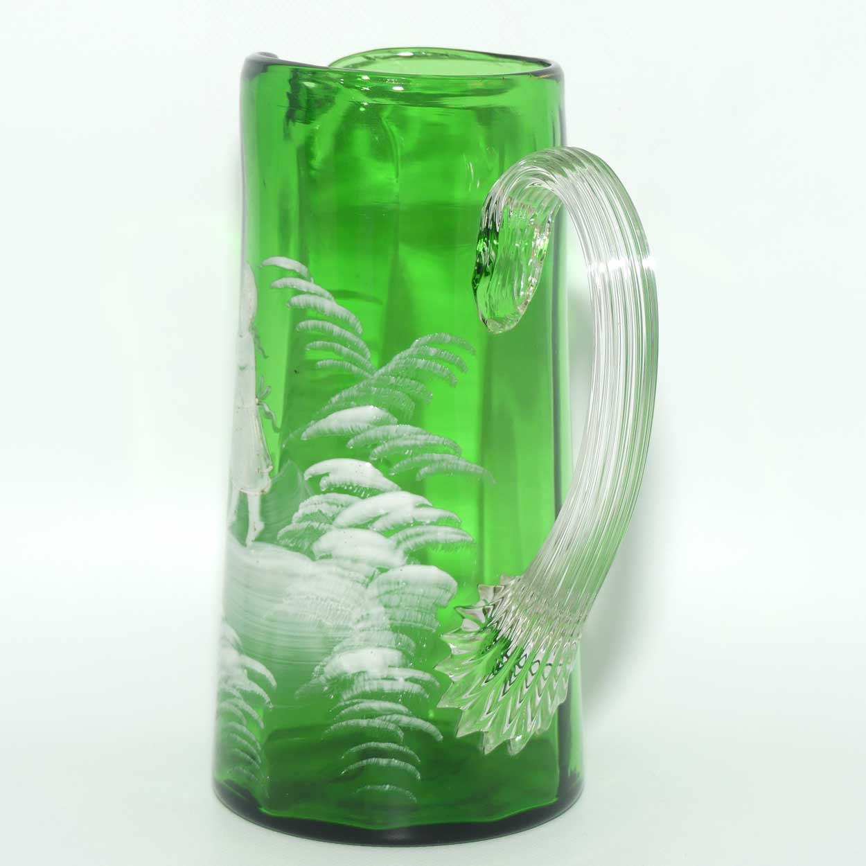 Mary Gregory Glass jug | Emerald Green with Clear Reeded Handle | Girl motif