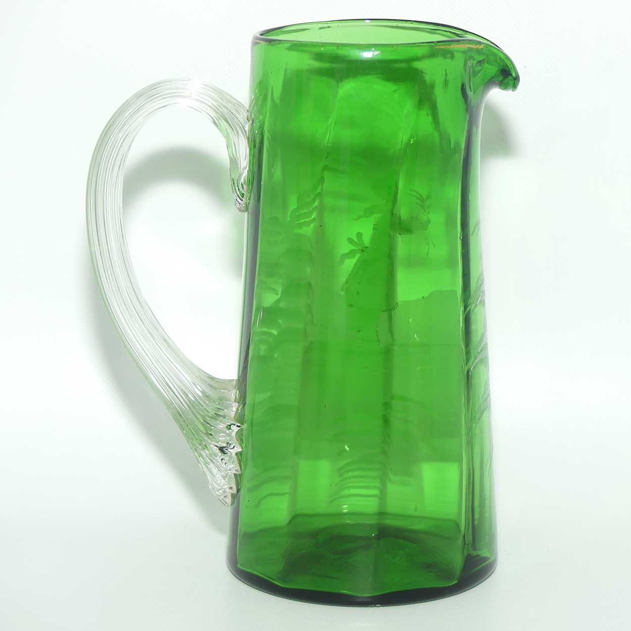 Mary Gregory Glass jug | Emerald Green with Clear Reeded Handle | Girl motif