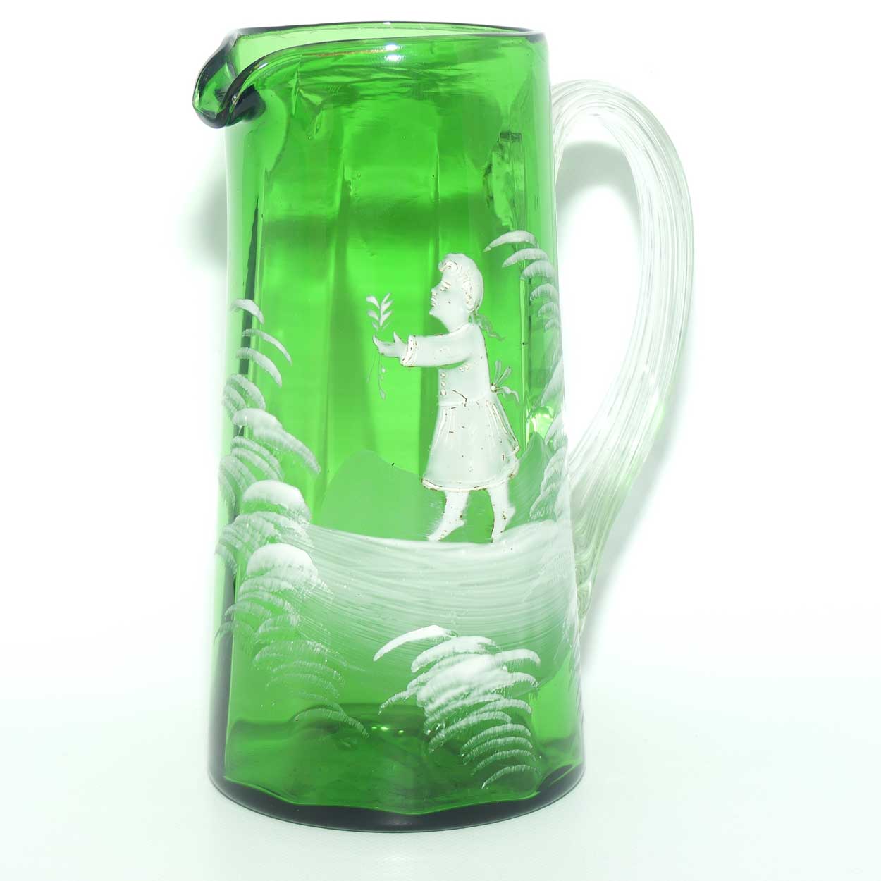 Mary Gregory Glass jug | Emerald Green with Clear Reeded Handle | Girl motif