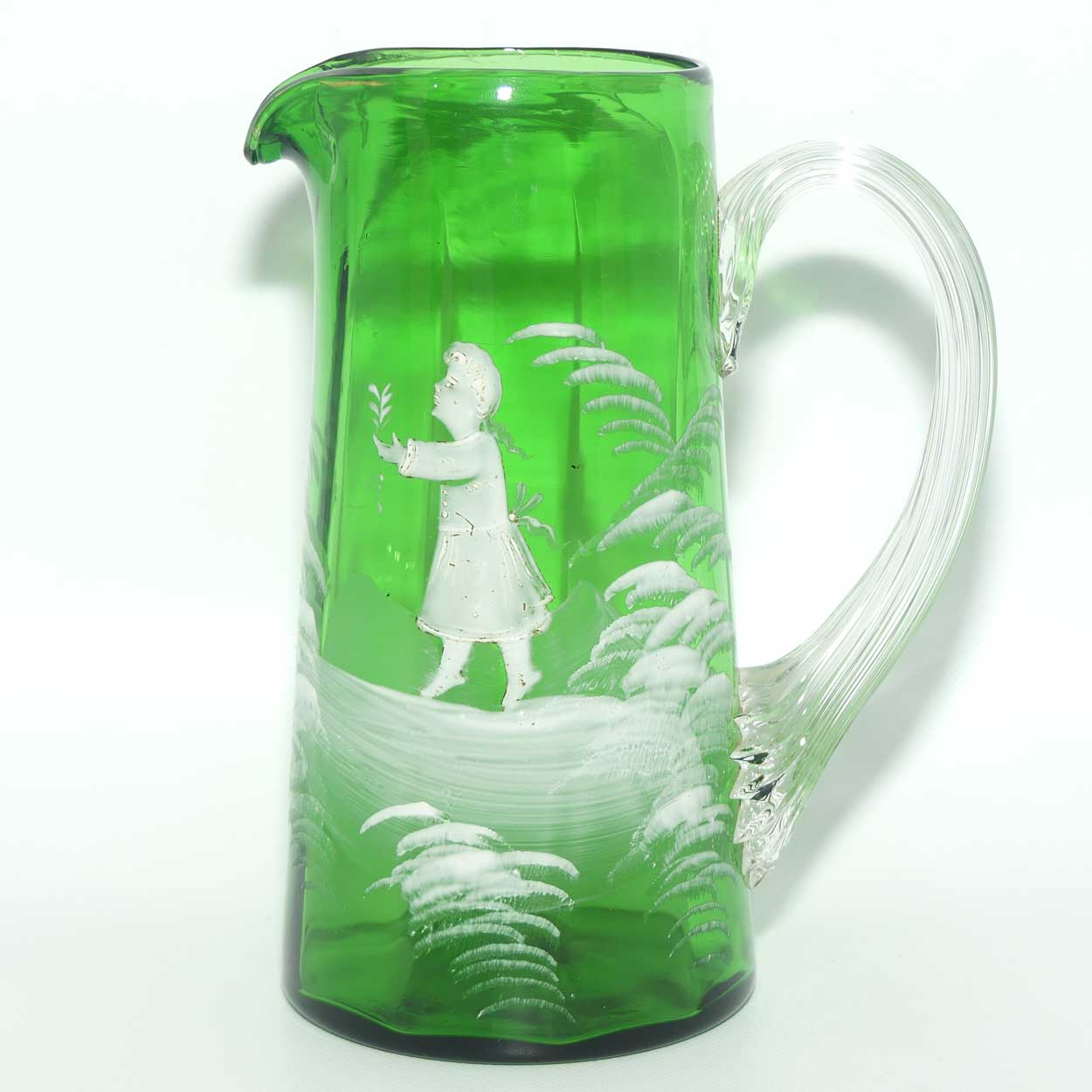 Mary Gregory Glass jug | Emerald Green with Clear Reeded Handle | Girl motif