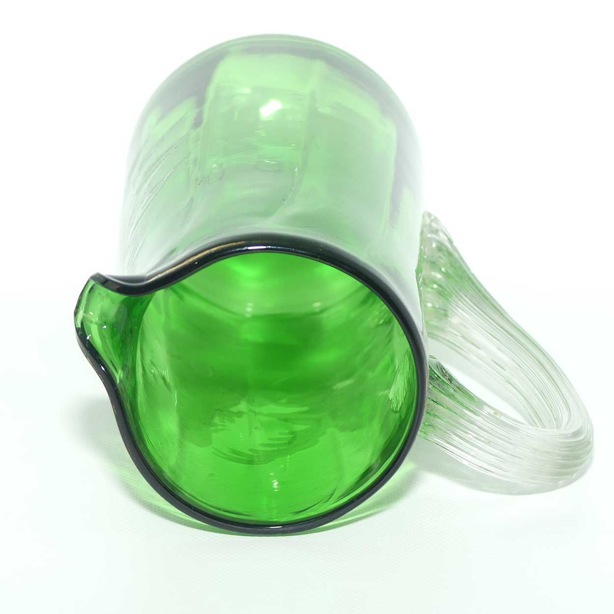 Mary Gregory Glass jug | Emerald Green with Clear Reeded Handle | Girl motif