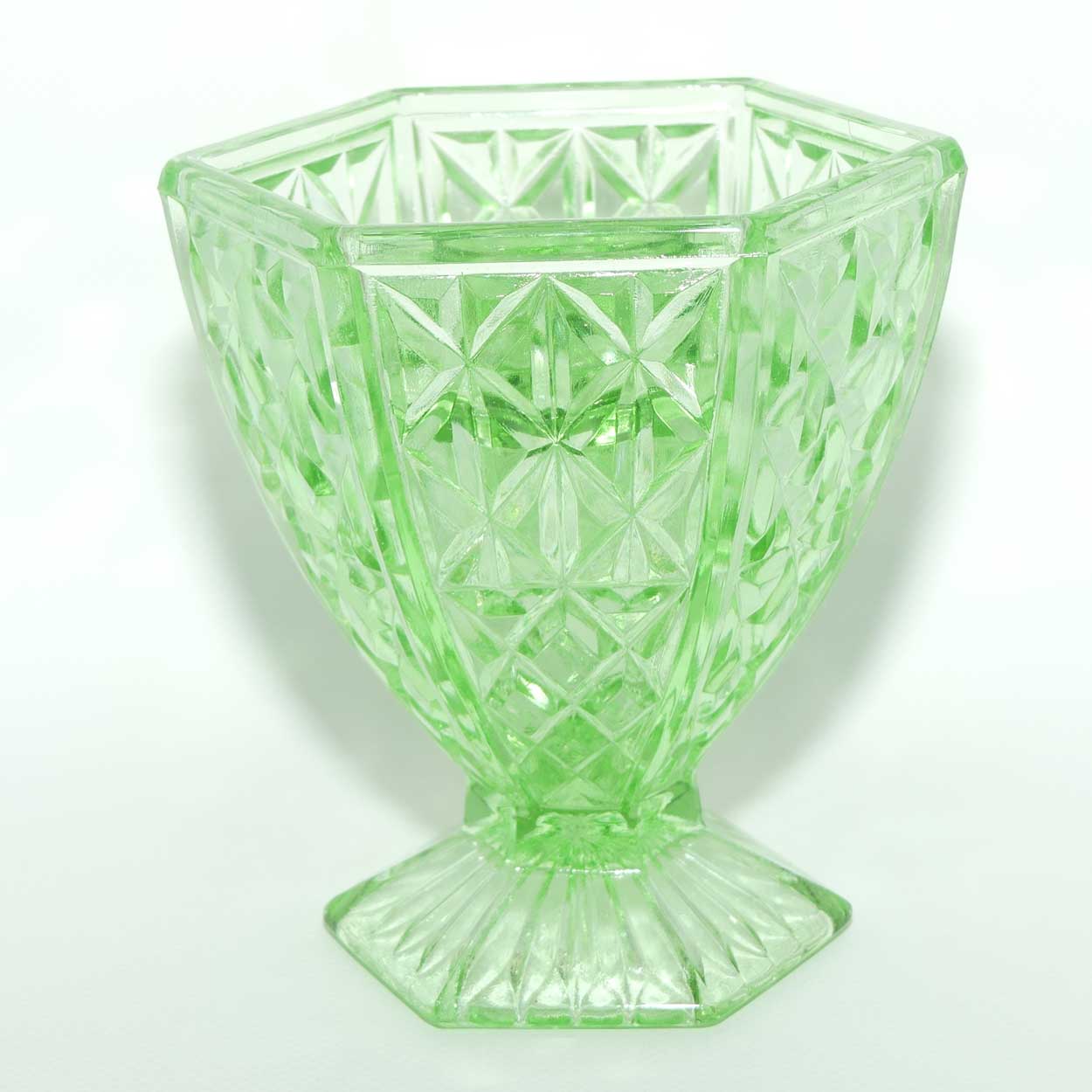 Depression Glass | Green Glass hexagonal vase with circular insert